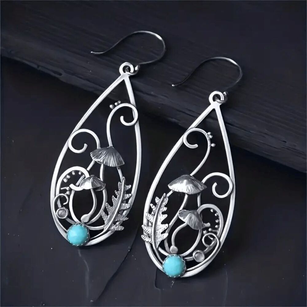 Boho Filigree Mushroom Turquoise Dangle Earrings